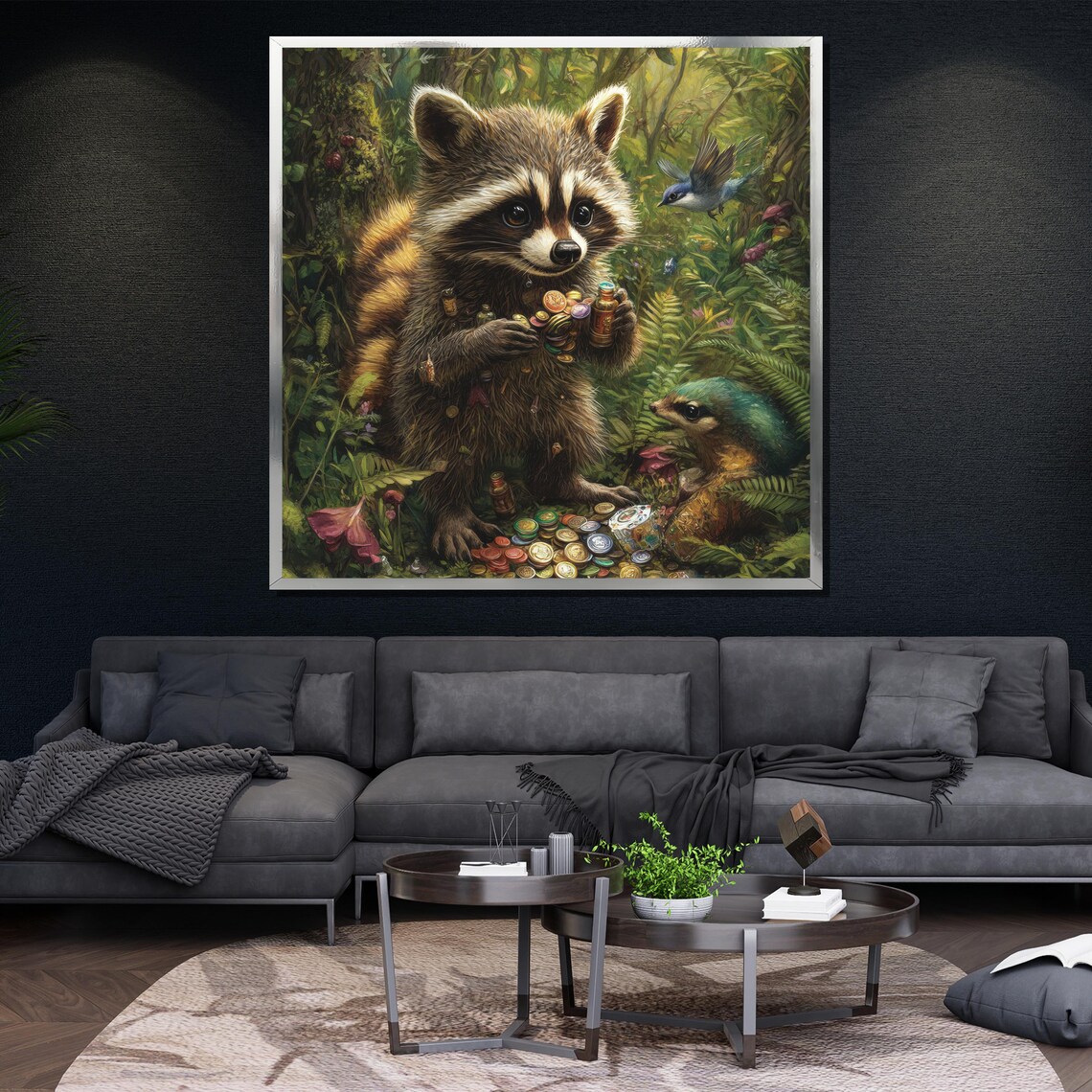 Cute Baby Raccoon Collecting Bottle Caps Forest Birds Wildlife Poster - Image 4
