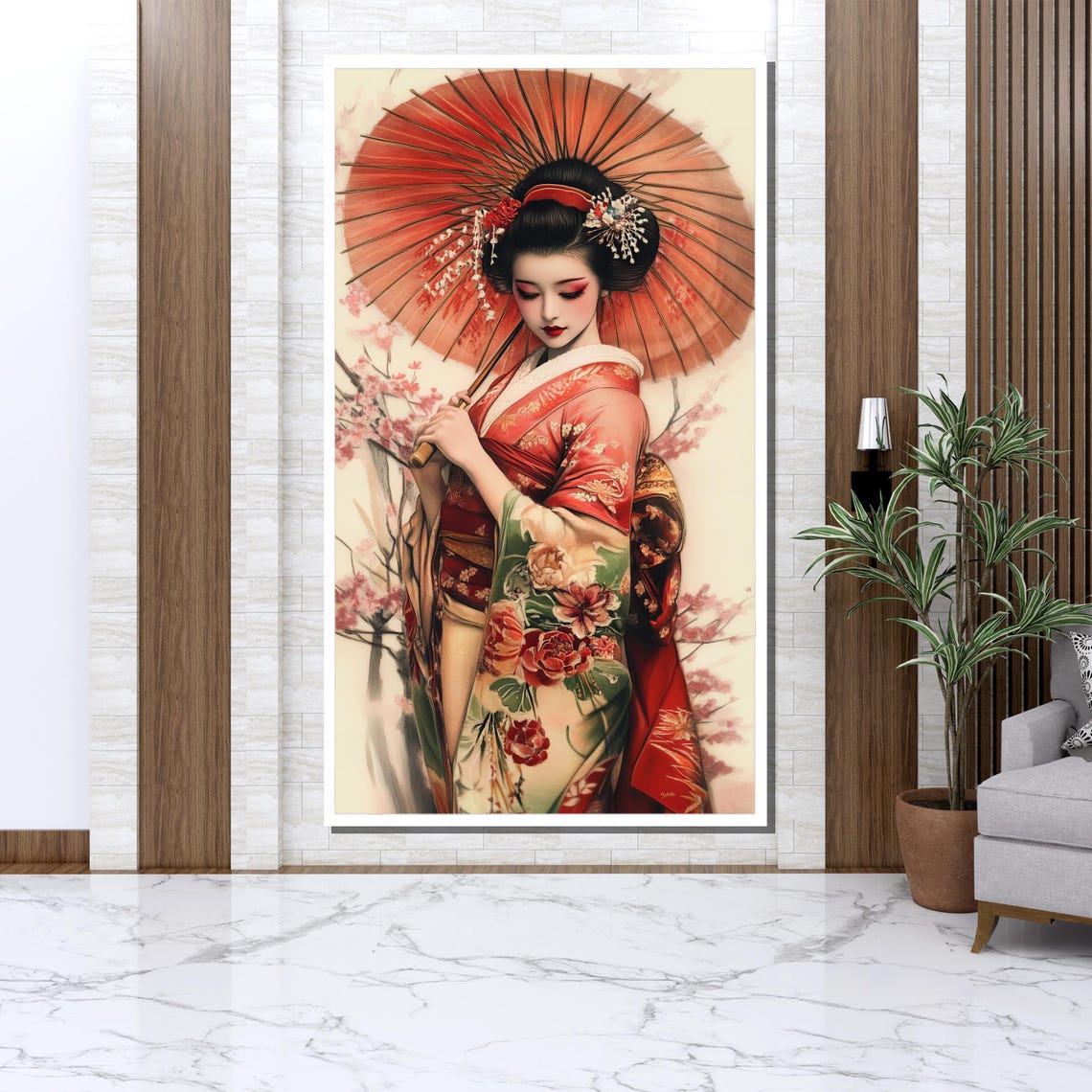 Traditional Geisha Red Kimono Parasol Cherry Blossom Japanese Wall Art - Image 3