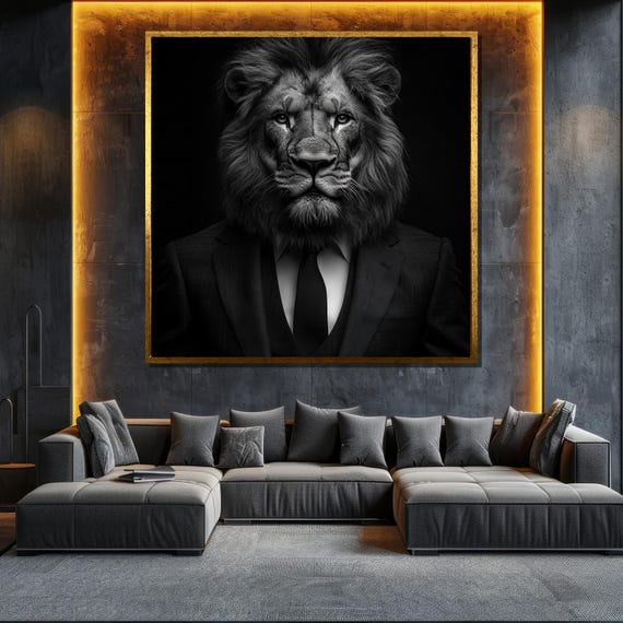 Lion In Suit Painting Bold Wildlife Wall Art Modern Black And White Decor Living Room Unique Gift Idea