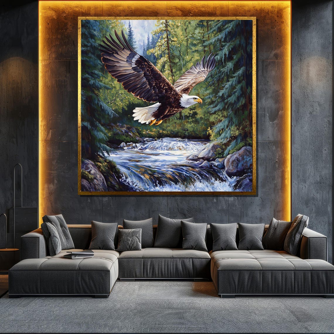 Bald Eagle Forest River Soaring Wildlife Mountain Stream Wall Art