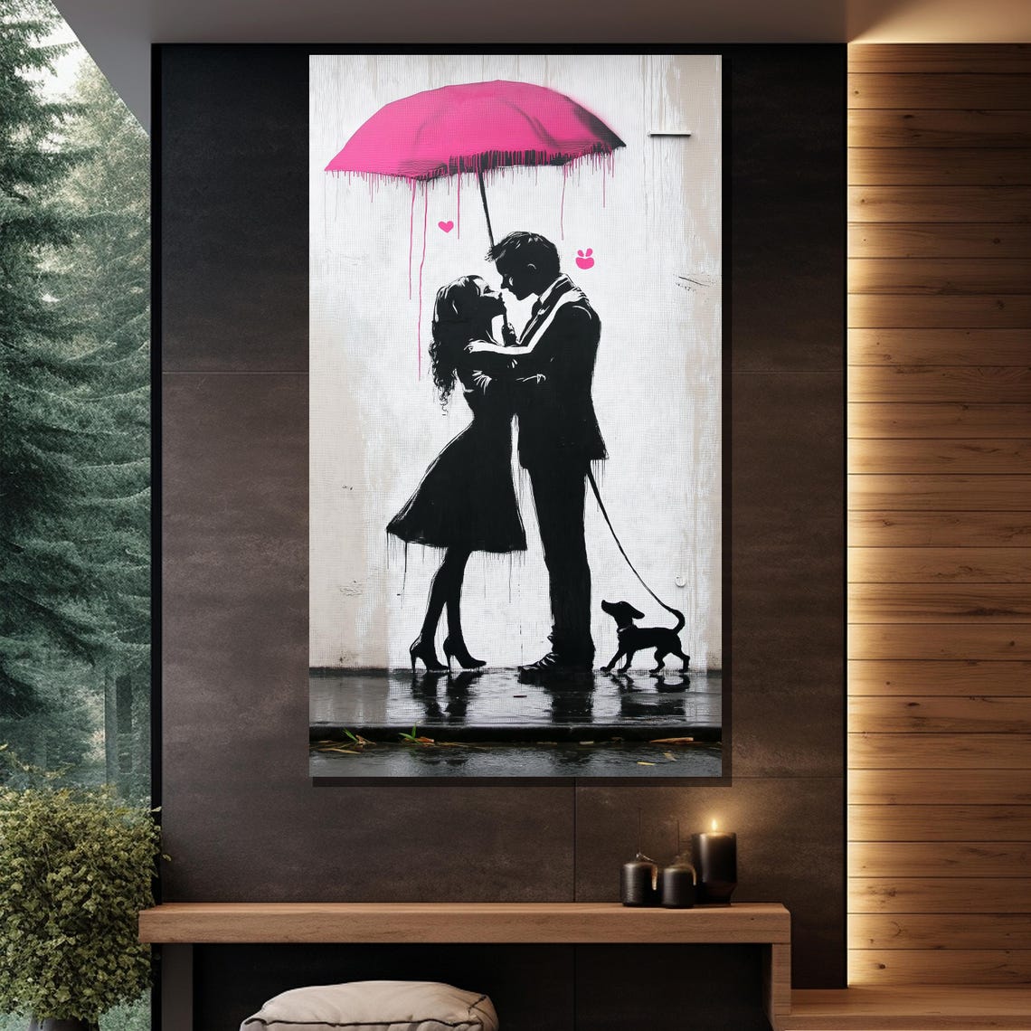 Couple Kissing Under Pink Umbrella Street Art Silhouette Wall Poster - Image 2