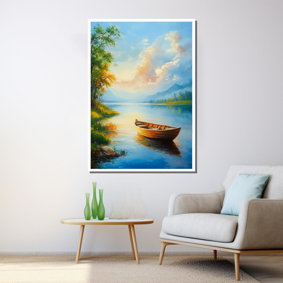 Wooden Rowboat Calm Lake Sunset Golden Trees Tranquil Painting Poster - Image 3