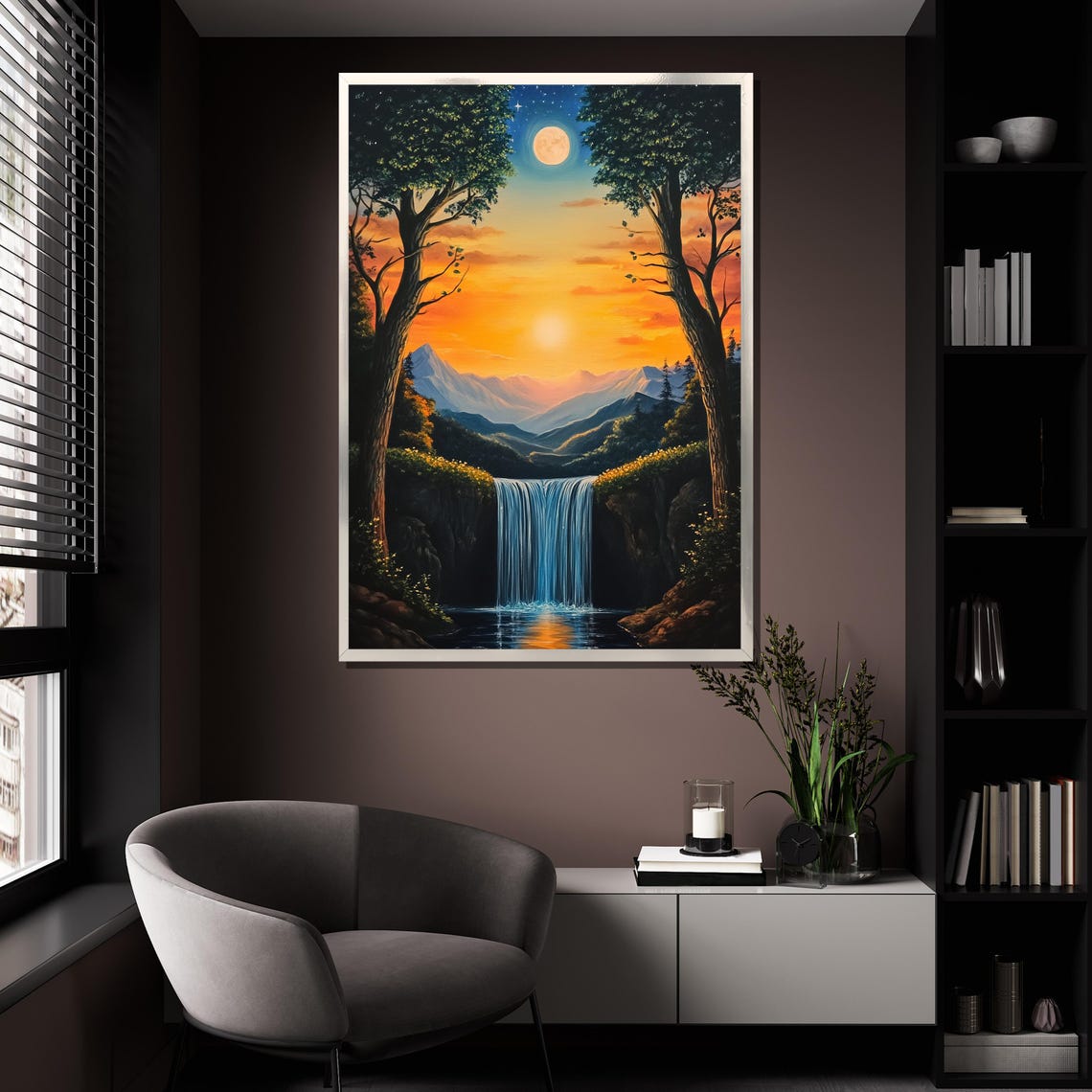 Sunset Waterfall Mountains Moonlit Sky Serene Nature Painting Poster - Image 4