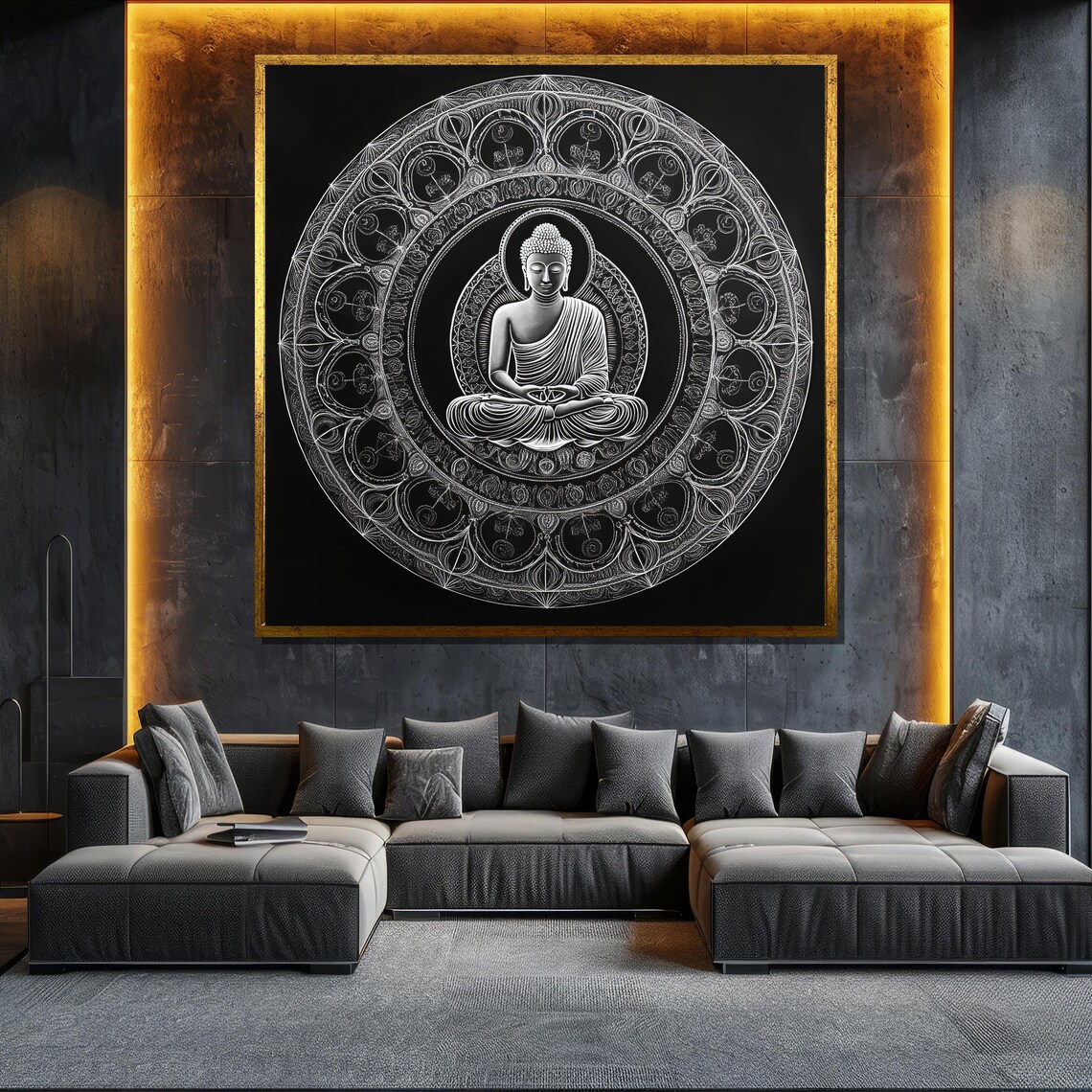 Monochrome Buddha Mandala White Line Art Black Elegant Zen Wall Poster