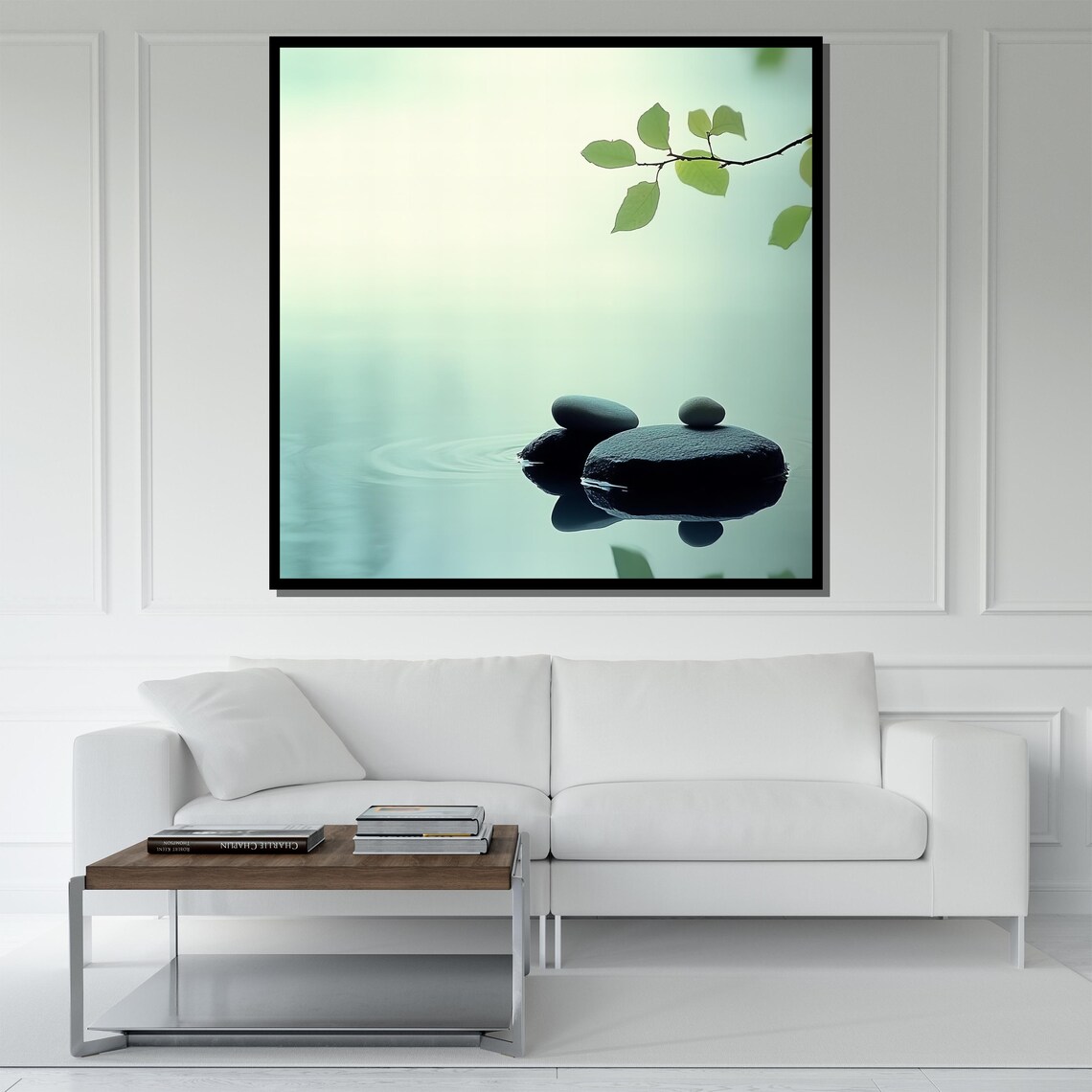 Minimalist Zen Stones Calm Water Green Branch Serene Nature Wall Poster - Image 5