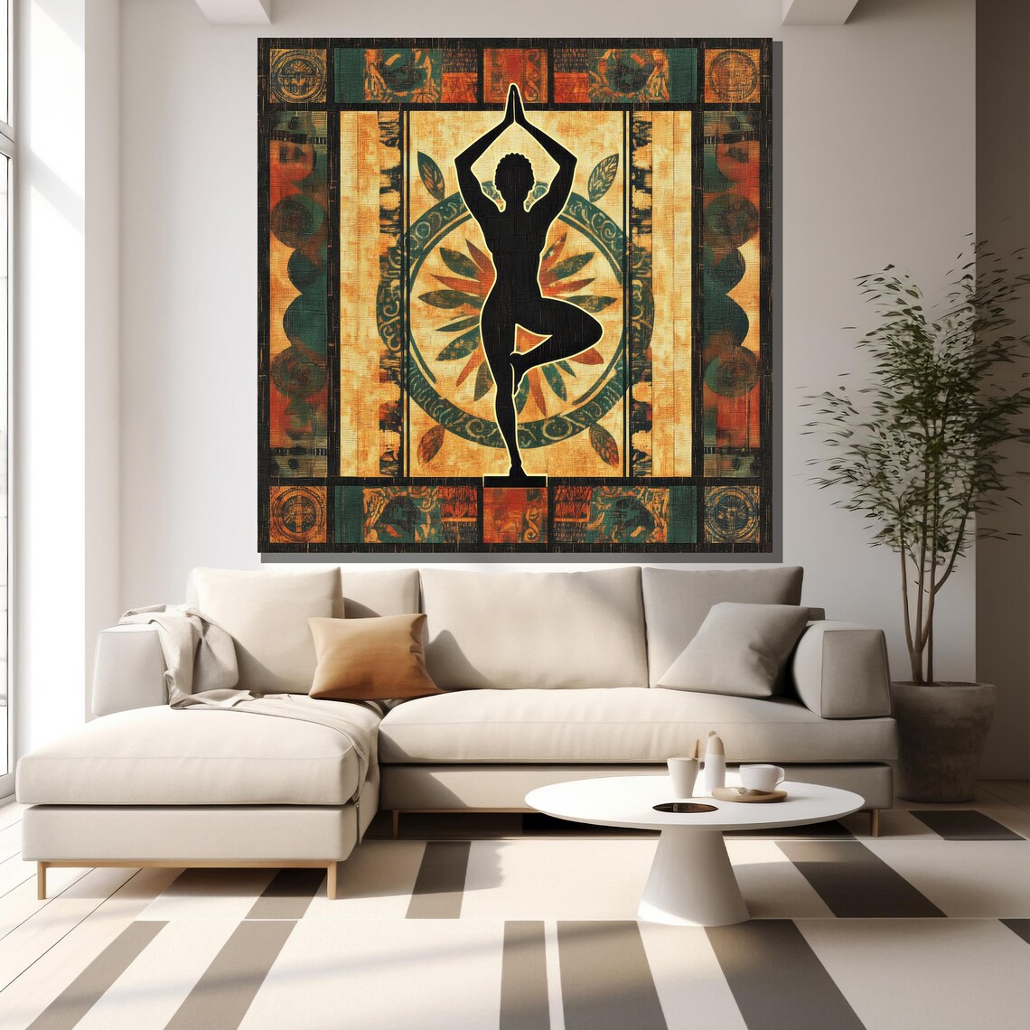Boho Yoga Tree Pose Silhouette Colorful Mandala Textile Spiritual Poster - Image 2