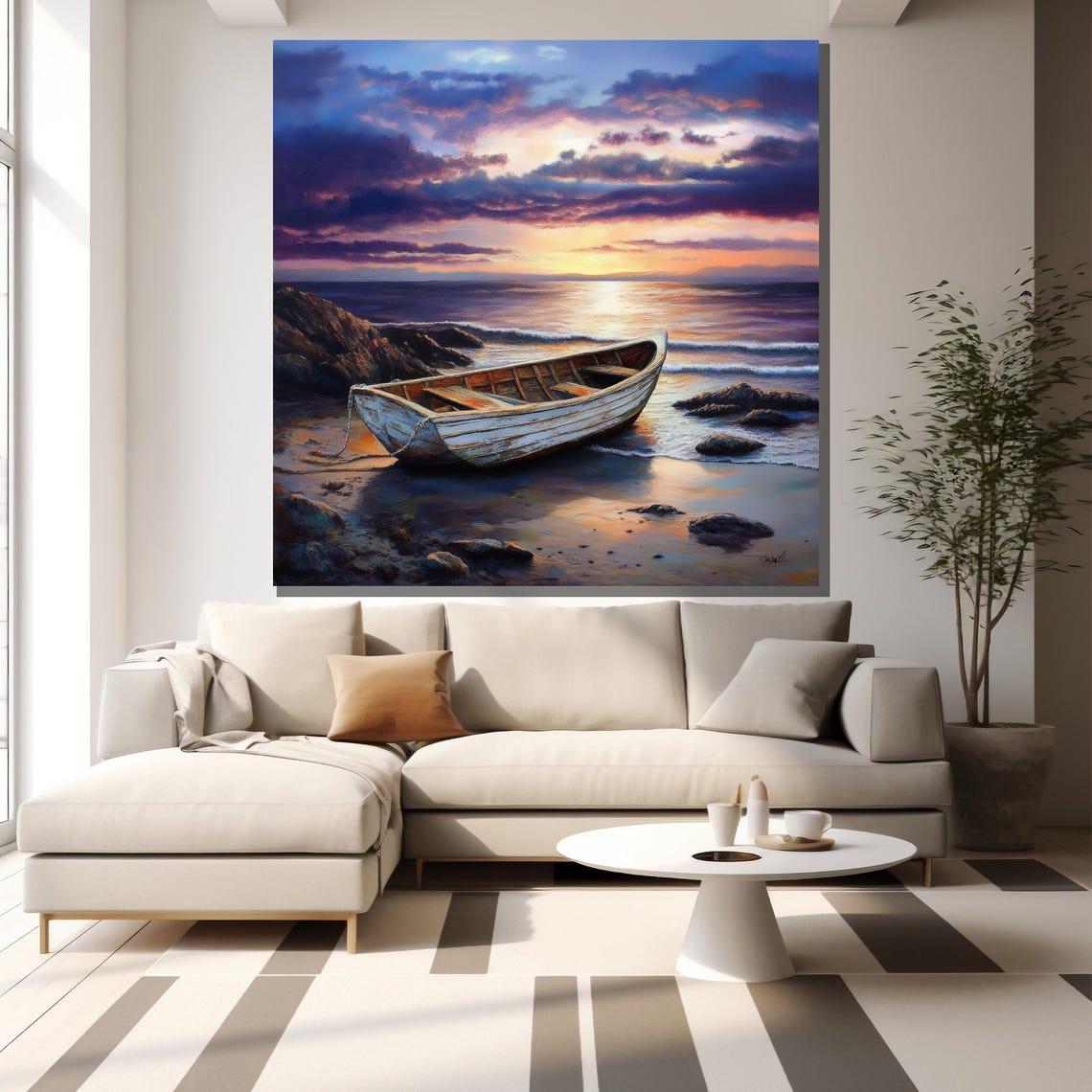 Weathered Rowboat Rocky Shore Purple Sunset Serene Ocean Poster - Image 2