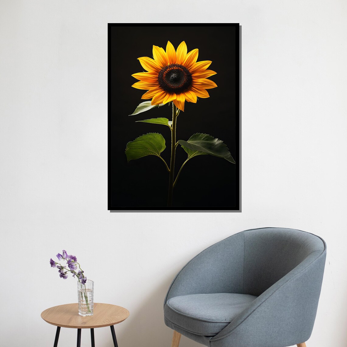 Sunflower With Green Leaves On Black Background Nature Art Poster - Image 5
