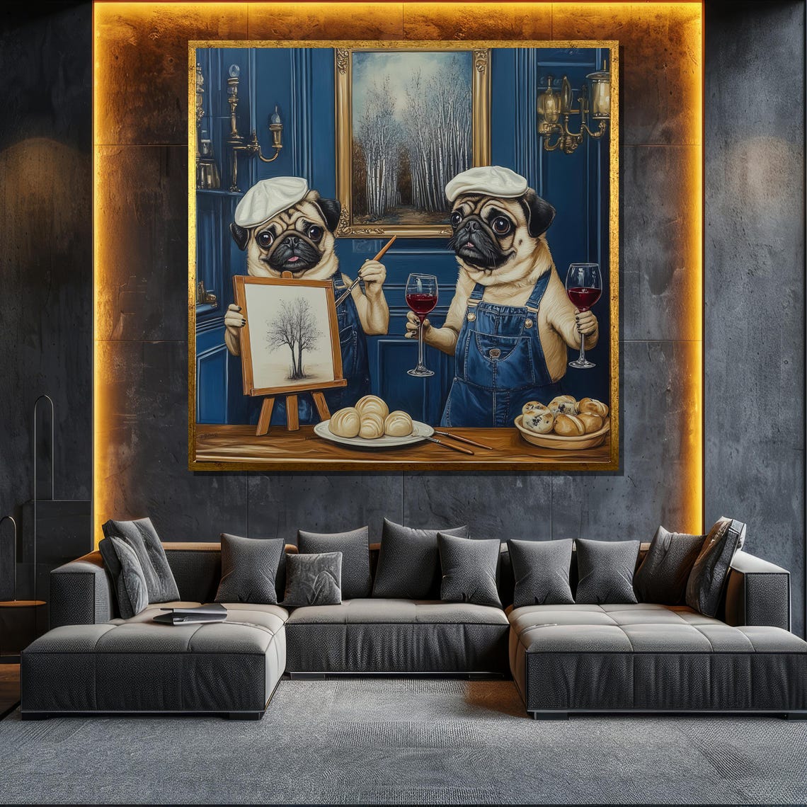 Pug Chef Painters Wine Croissants Funny Kitchen Dog Art Poster