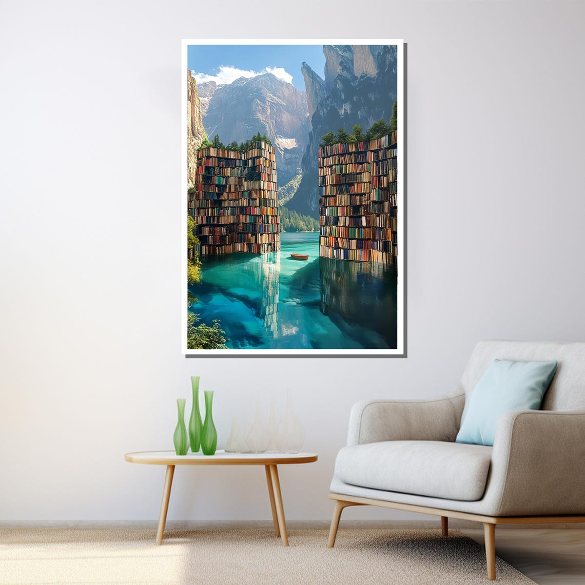 Book Towers As Cliffs Beside A Turquoise Lake Surreal Poster - Image 3