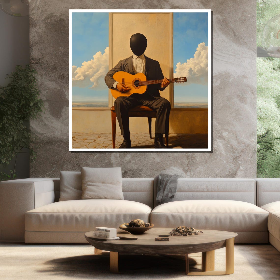 Faceless Man Playing Guitar By The Window Surreal Art Poster - Image 3