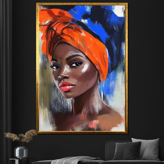 Bold African Woman Painting Lady With Orange Headwrap Vibrant Wall Art Modern Home Decor Unique Gift For Her