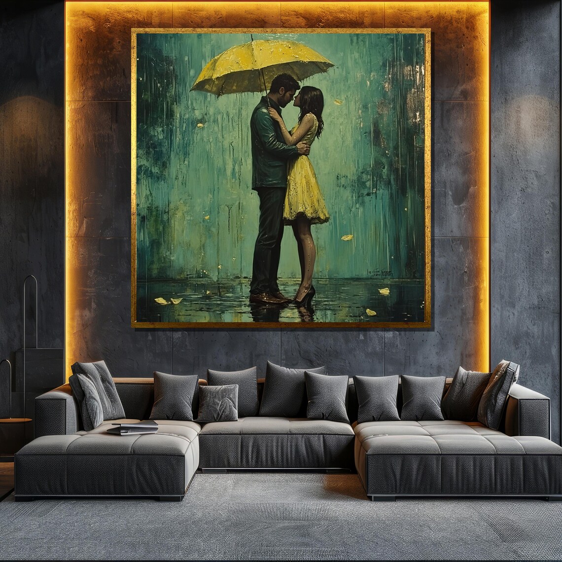 Romantic Couple Kiss Yellow Umbrella Rain Love Painting Wall Poster