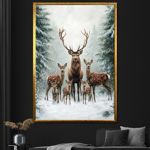 Deer Family Winter Snow Forest Stag Fawns Heartwarming Wall Art