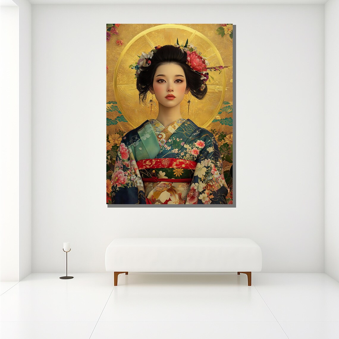 Japanese Kimono Woman Portrait Gold Leaf Floral Background Art Print - Image 2