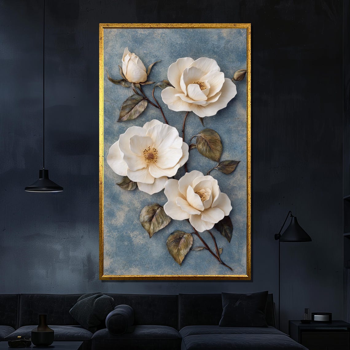 White Roses Branch Textured Plaster Blue Background Floral Wall Art