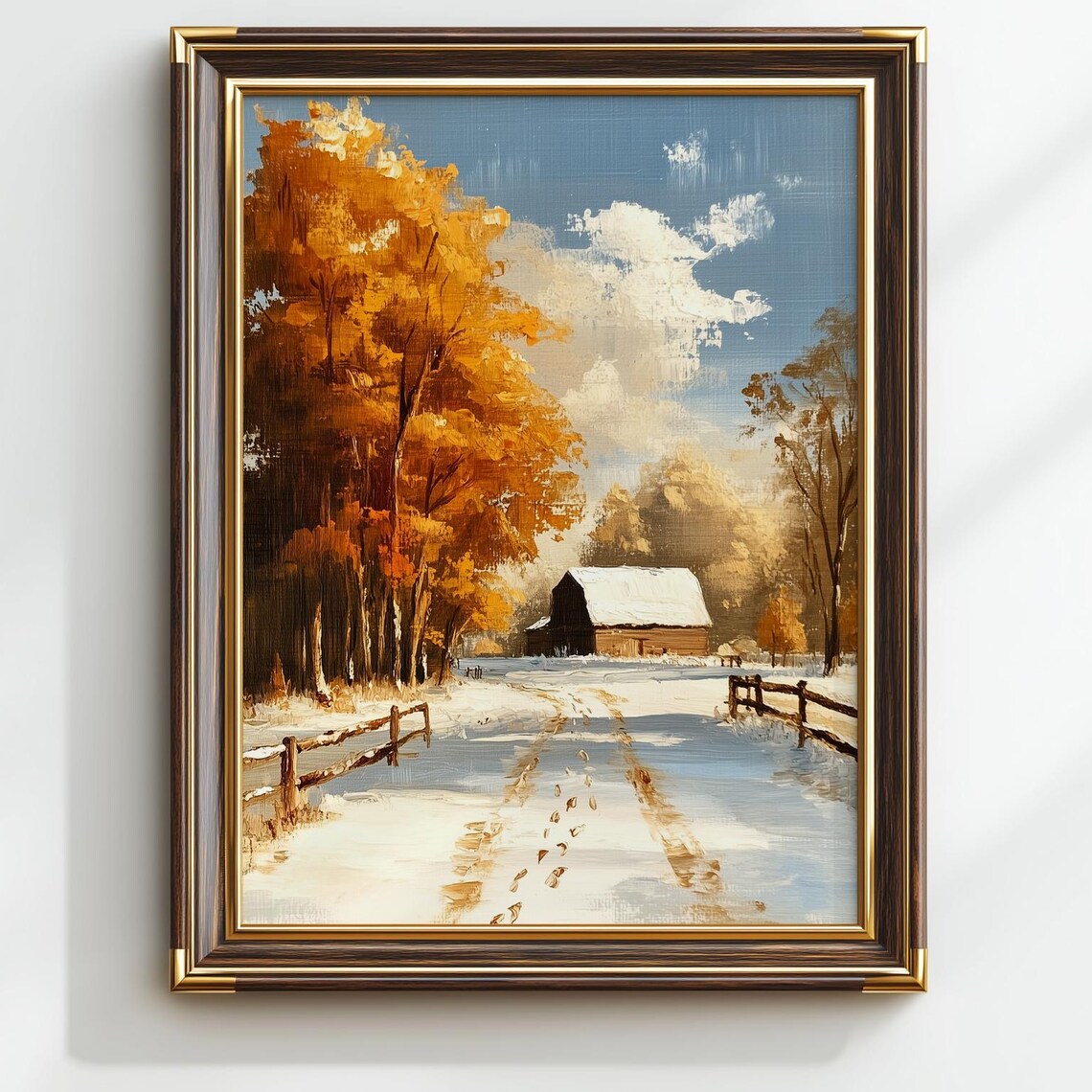 Winter Barn Snowy Path Golden Trees Rustic Oil Painting Poster