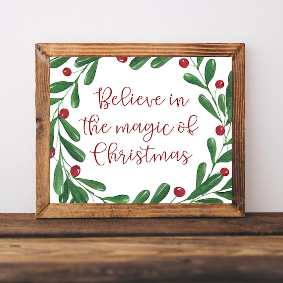 Believe in the Magic of Christmas Red Script Mistletoe Wreath Poster