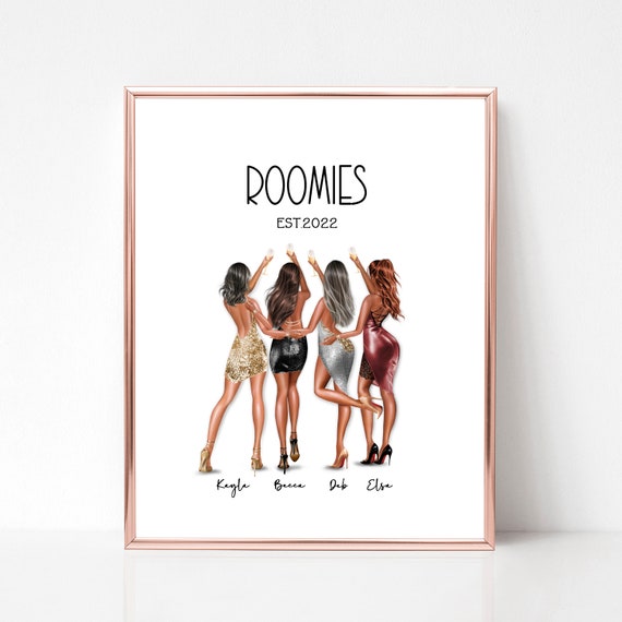 4 Roomies Gift Personalized 4 Roommates Gift Roommates Illustration Print For 4 Friends Birthday Best Friends Portrait