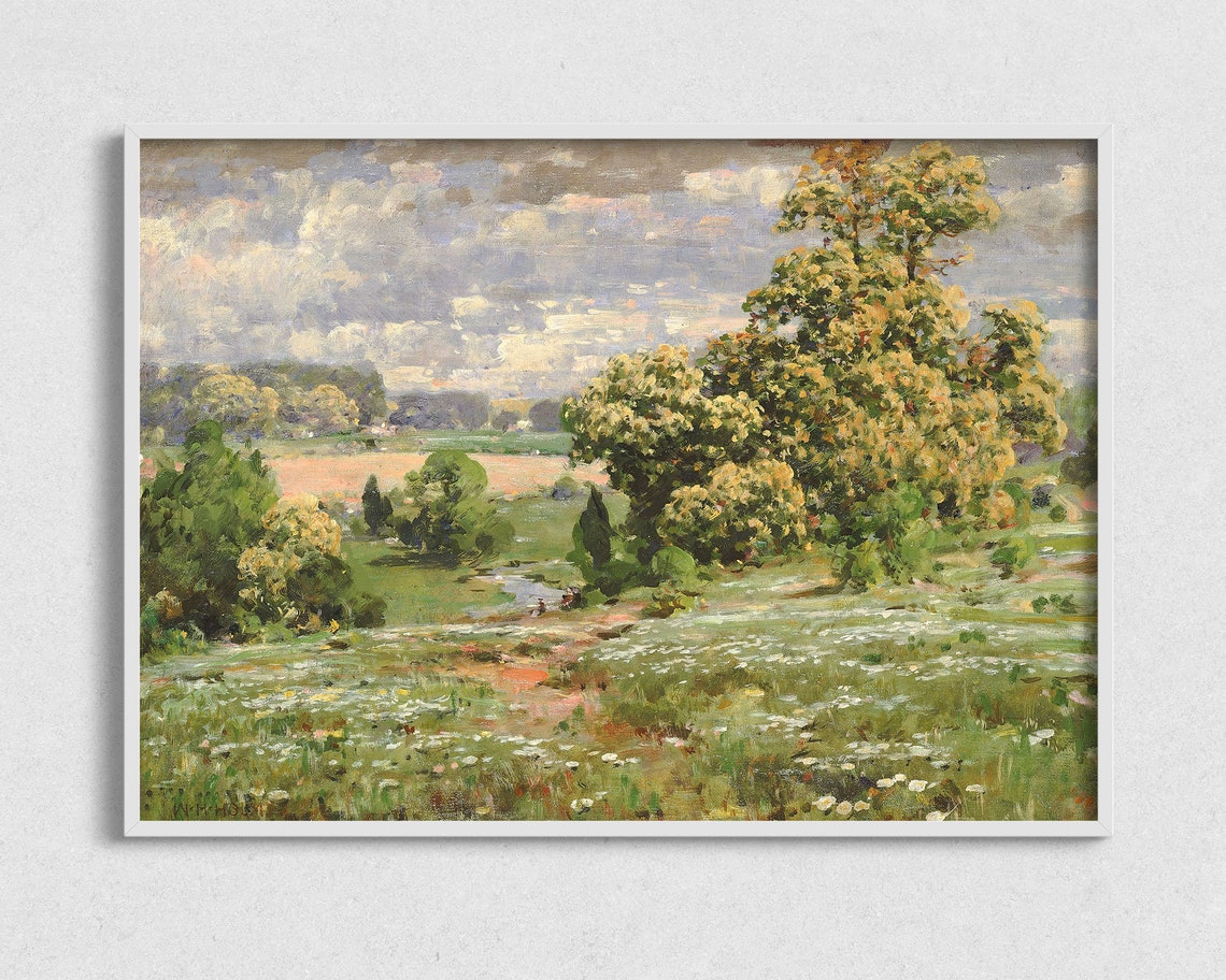 Countryside Meadow Stream Vintage Landscape Oil Painting Poster