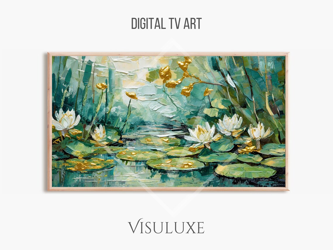 Water Lilies Golden Teal Pond Impasto Floral Nature Painting Wall Art