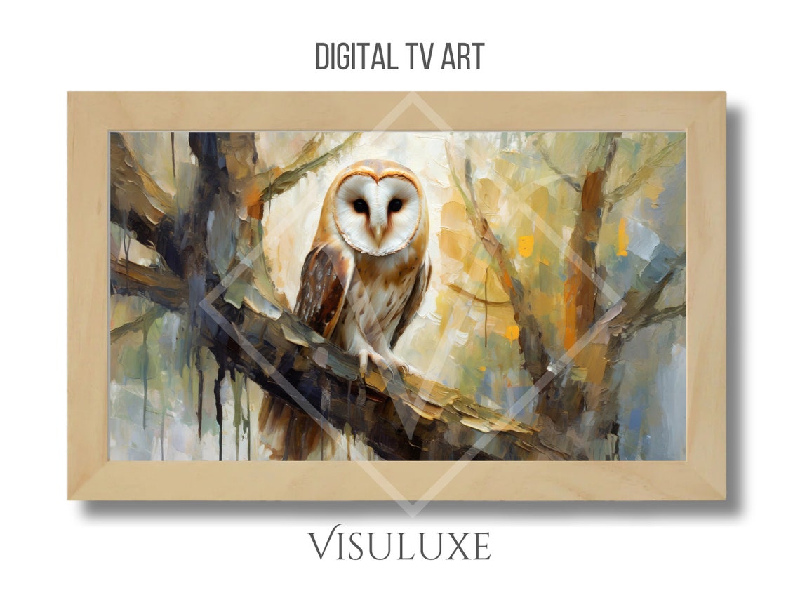 Barn Owl Perched on Branch Heavy Brushstroke Oil Painting Style Poster - Image 2