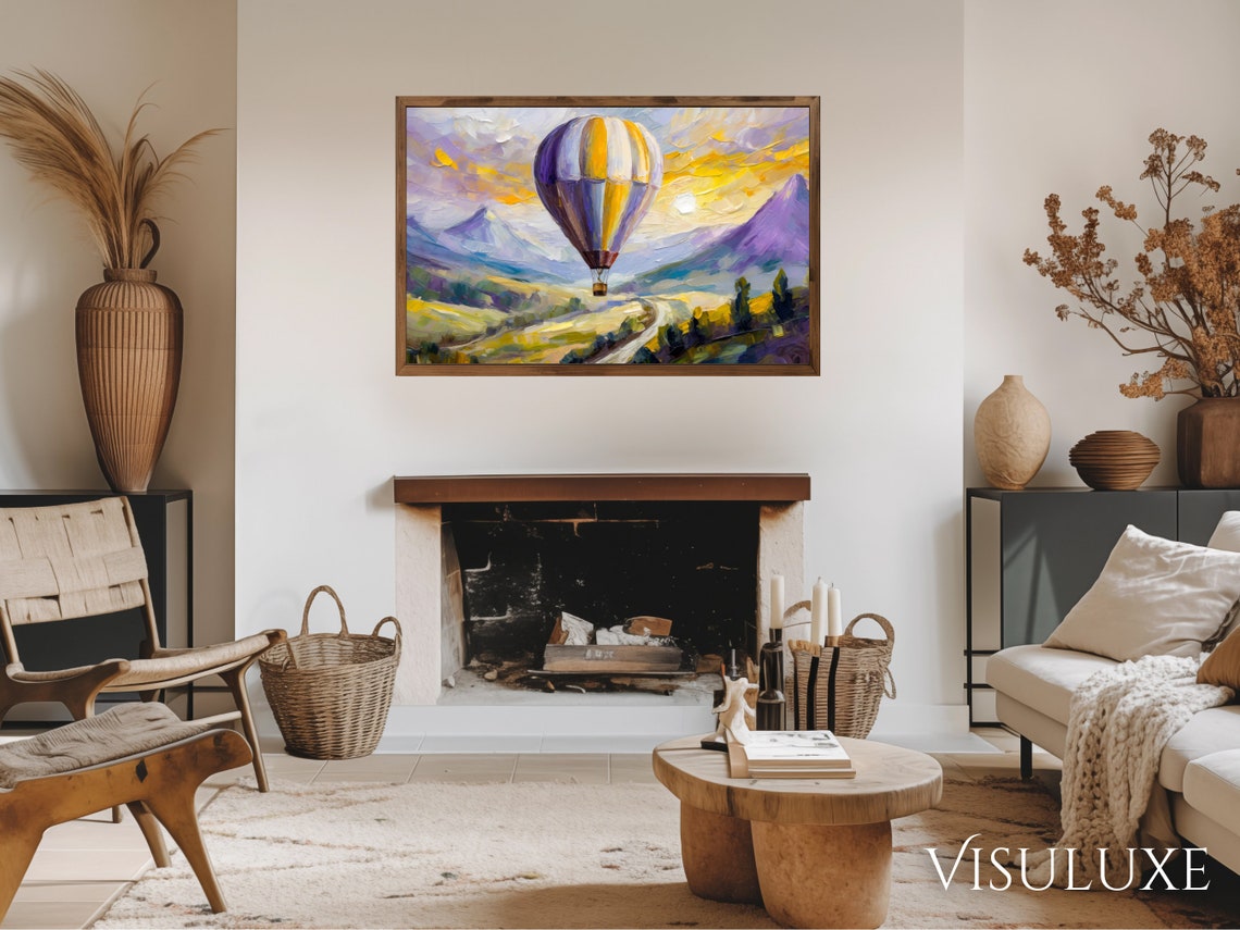 Purple And Yellow Hot Air Balloon Painting Frame Tv Art Balloon Mountain Scene Oil Painting Heavy Brushstroke Scenic Screensaver Tv 169 Ar - Image 3