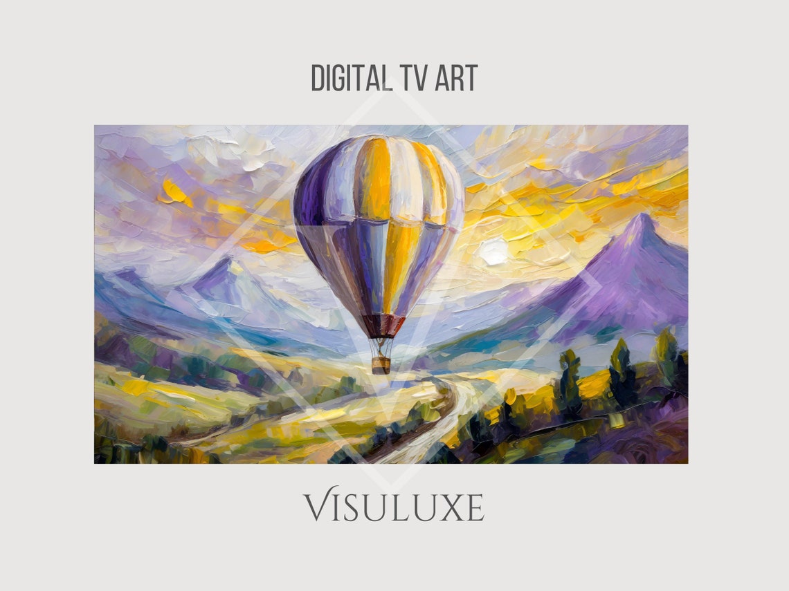 Purple Yellow Hot Air Balloon Flying Over Mountains Sunset Poster - Image 2