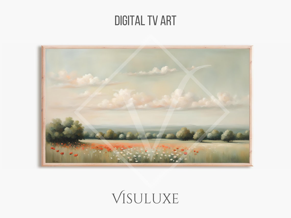 Peaceful Wildflower Meadow Treeline Pastel Sky Country Painting Poster