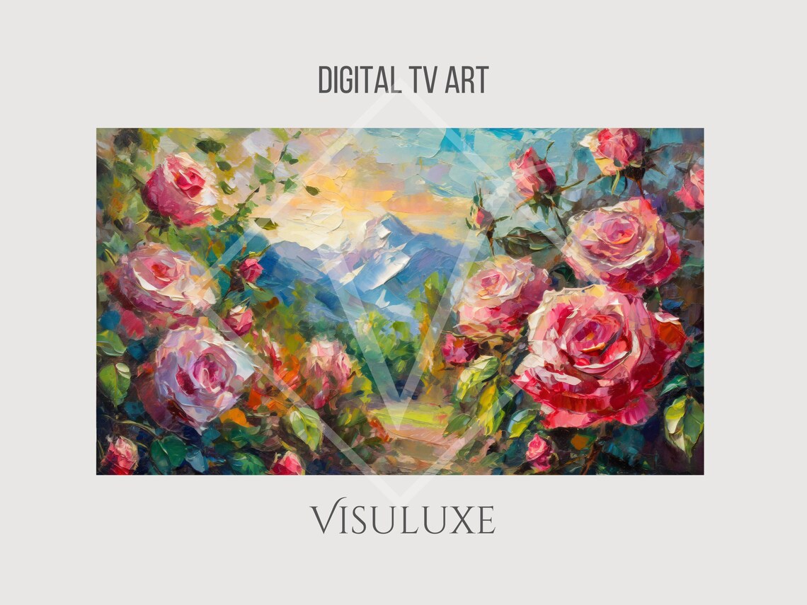 Pink Roses Garden Blooming Flowers Mountain View Impasto Floral Poster - Image 4
