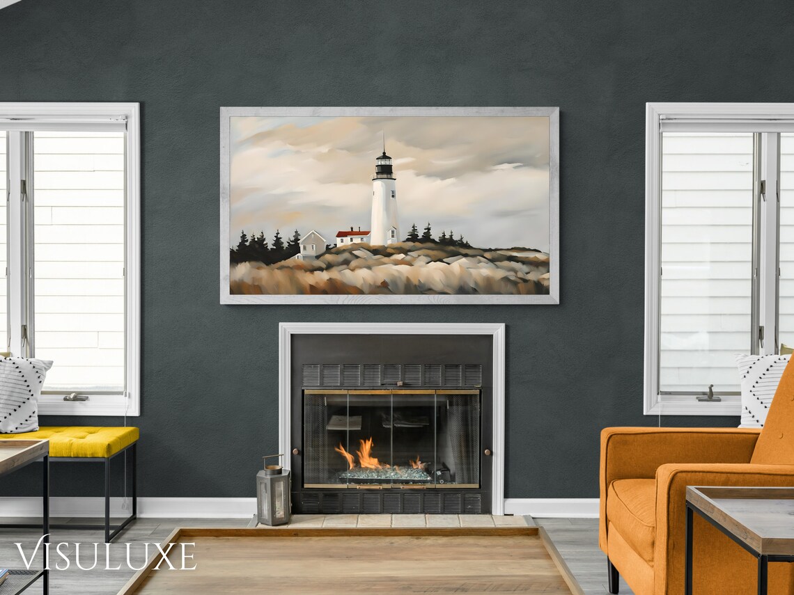 White Coastal Lighthouse Rocky Shore Neutral Tones Painting Poster - Image 2