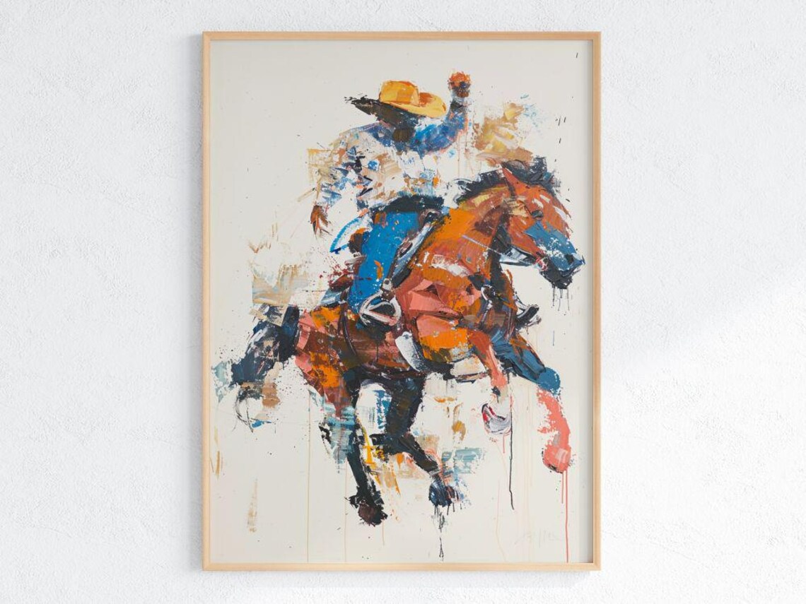 Abstract Cowboy Riding Bucking Horse Rodeo Western Art Poster