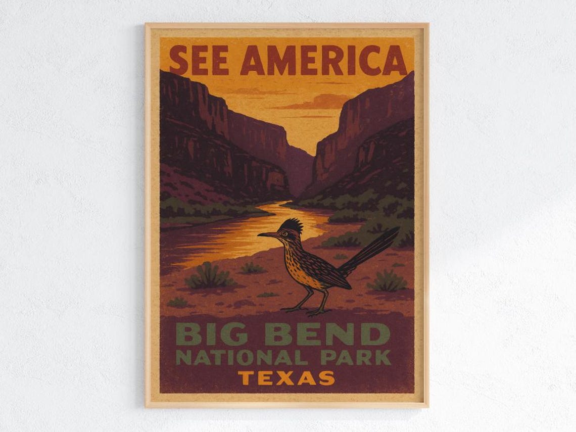 Big Bend National Park Vintage WPA Style Texas Roadrunner Poster