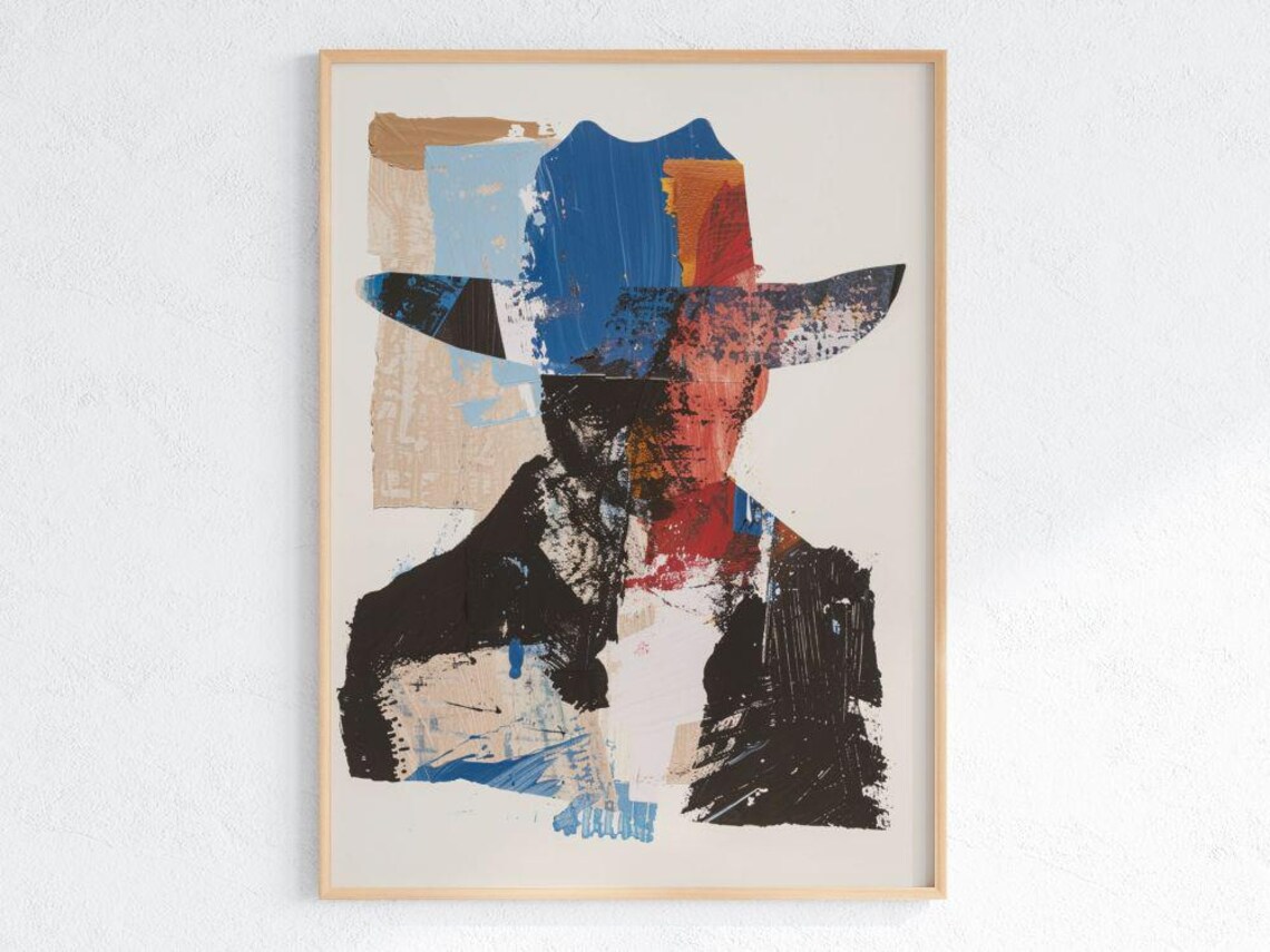 Bold Abstract Cowboy Portrait Blue Hat Western Minimalist Poster