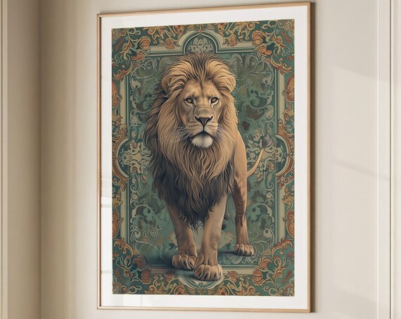 Lion With Ornate Vintage Floral Background Color Portrait Poster