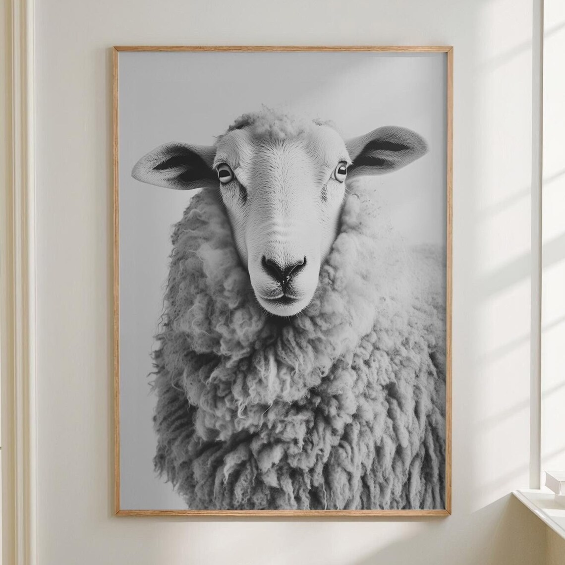 Black and White Sheep Portrait Front View Farm Photography Poster