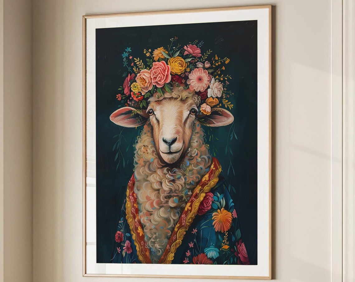 Sheep Flower Crown Maximalist Eclectic Floral Portrait Poster