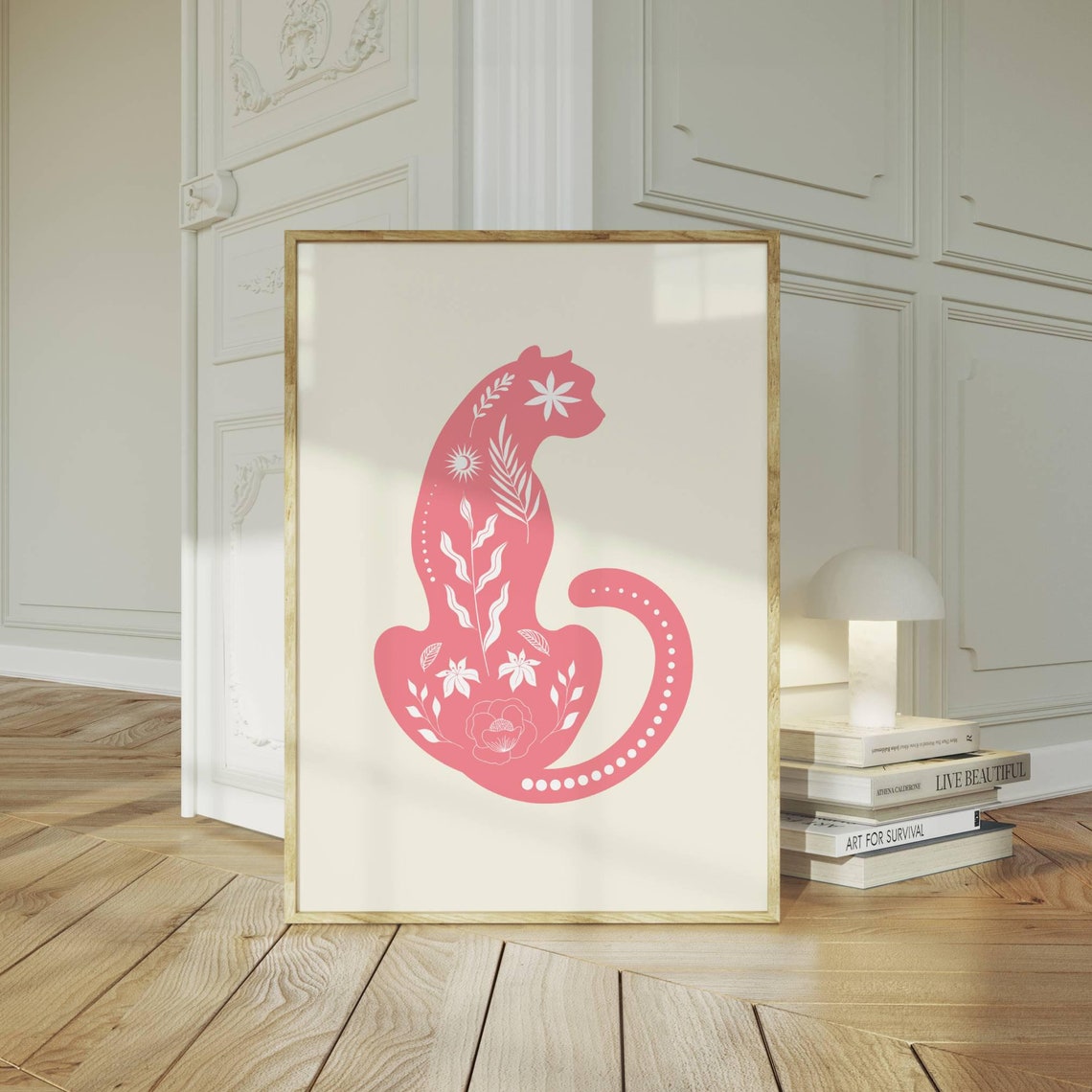 Pink Leopard Botanical Floral Silhouette Preppy Wild Cat Print