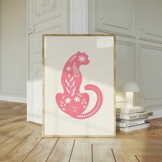 Pink Cheetah Print Botanical Animal Wall Art Preppy Dorm Decor Trendy Art Print Minimalist Aesthetic Cute Room Poster
