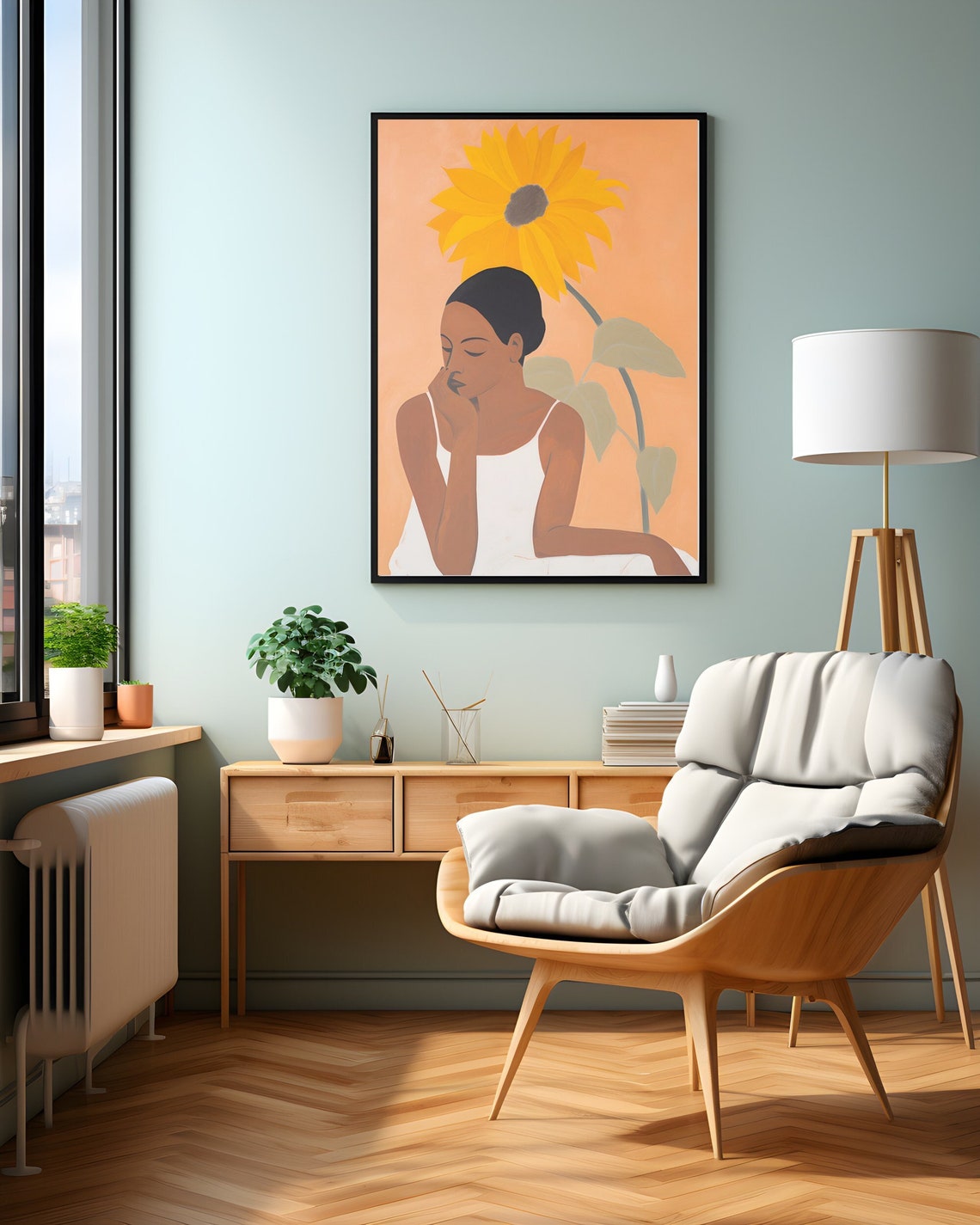 Minimalist Woman with Giant Yellow Sunflower Warm Boho Art Poster