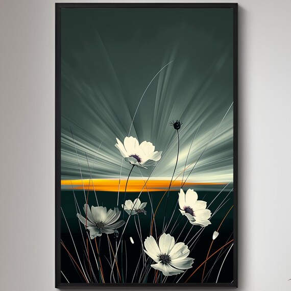 White Cosmos Flowers Against Dark Sky With Orange Horizon Poster