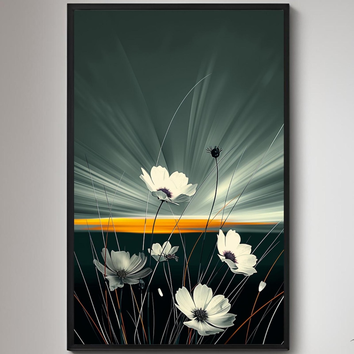 White Cosmos Flowers Against Dark Sky With Orange Horizon Poster