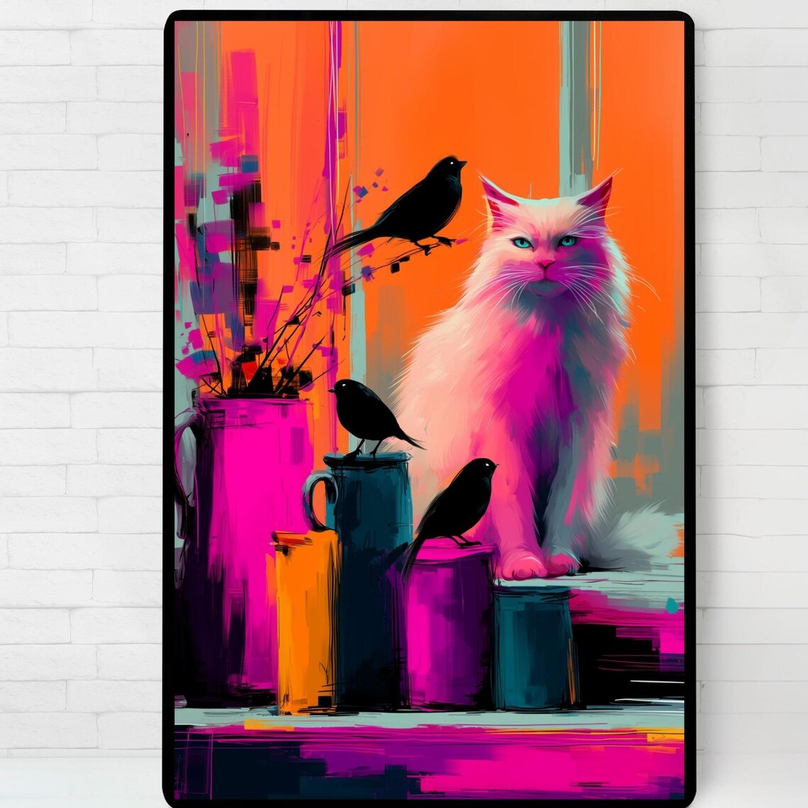 Neon White Cat With Blackbirds Pop Art Portrait Electric Colorful Feline Wall Art