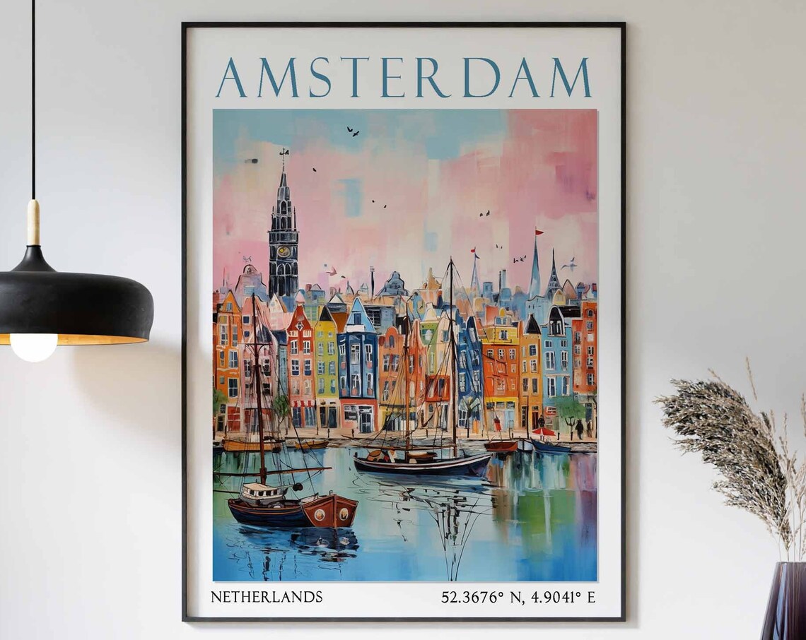Amsterdam Harbor Sailboats with Colorful Row Houses Poster Art