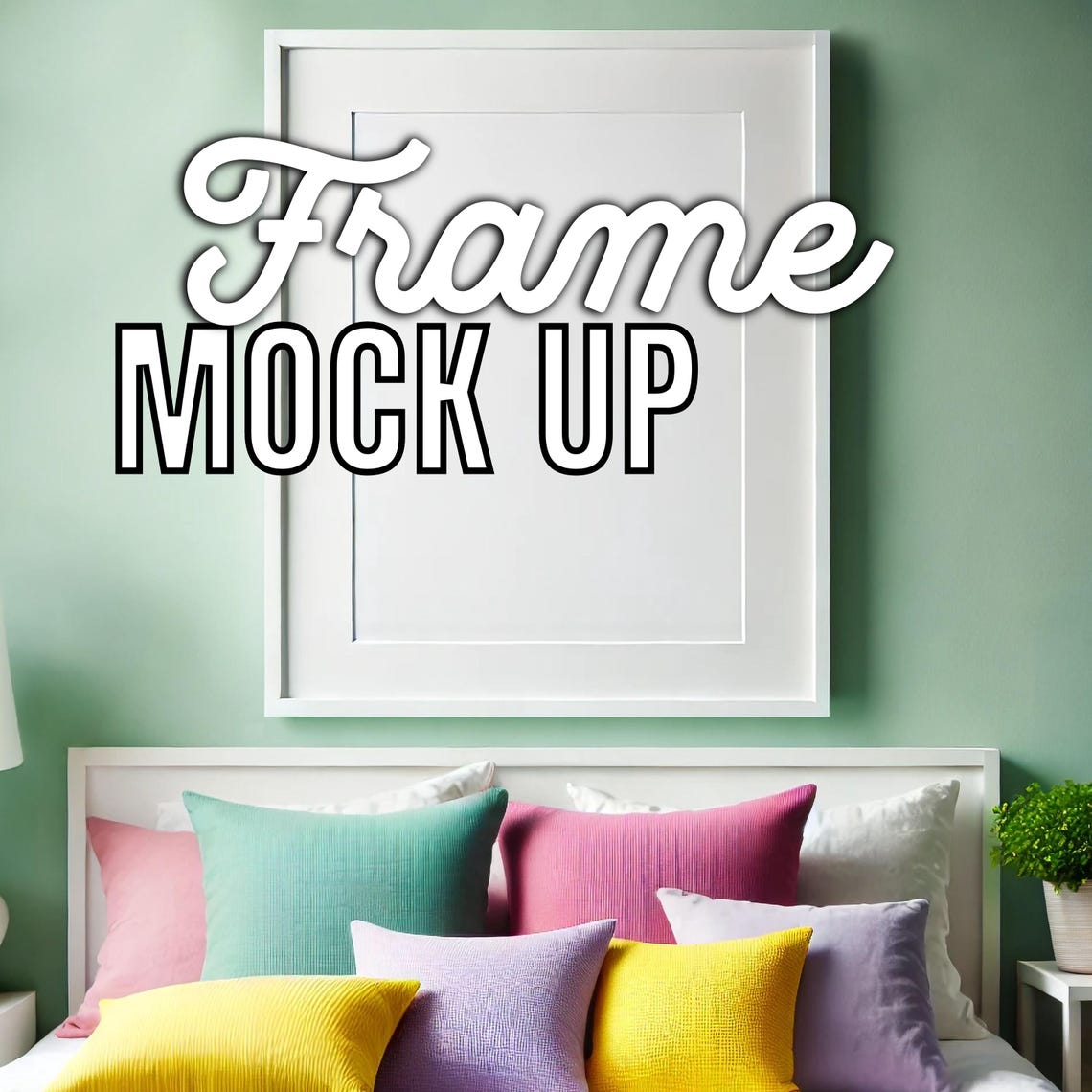 Blank Frame Mockup Pastel Bedroom With Colorful Cushions Scene Poster