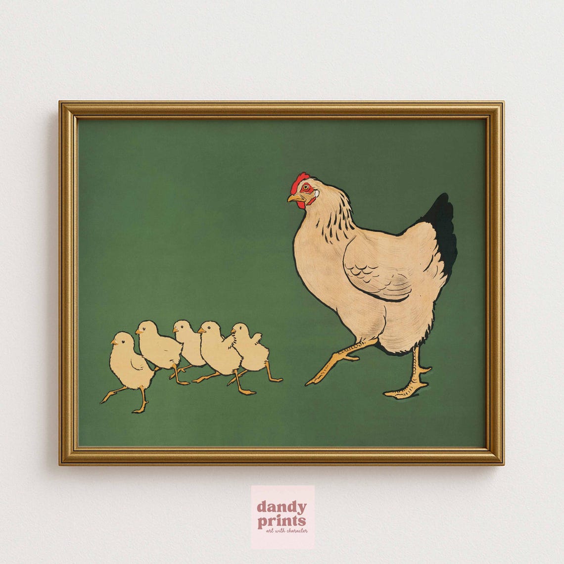 Hen And Chicks Vintage Farmhouse Illustration Kitchen Wall Poster