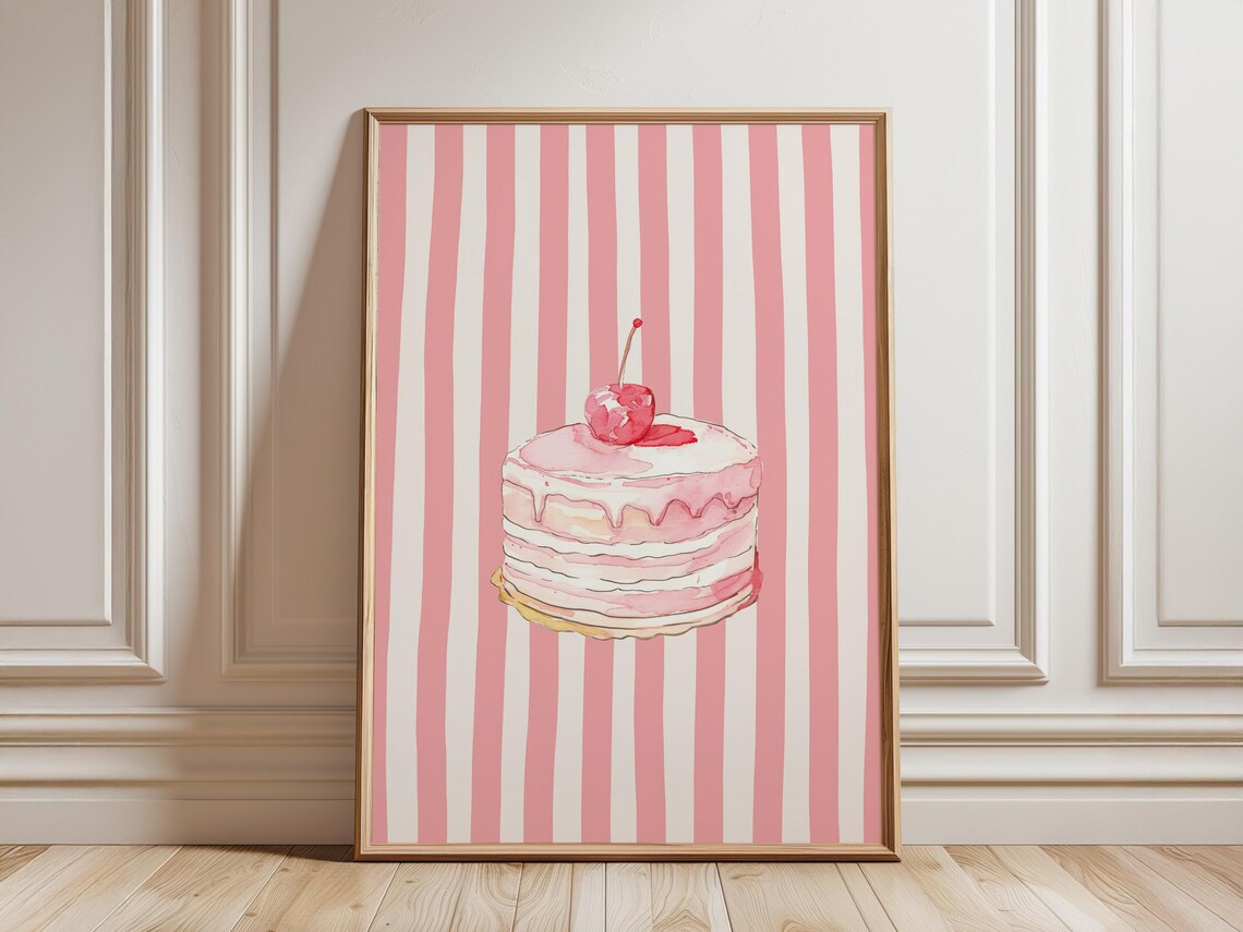 Pink Cherry Cake Watercolor Striped Background Dessert Art Poster