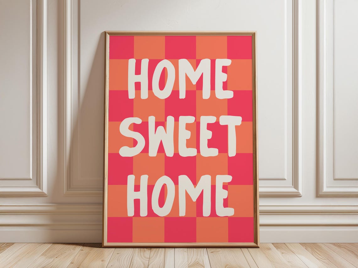 Home Sweet Home Red Orange Checkered Maximalist Quote Poster