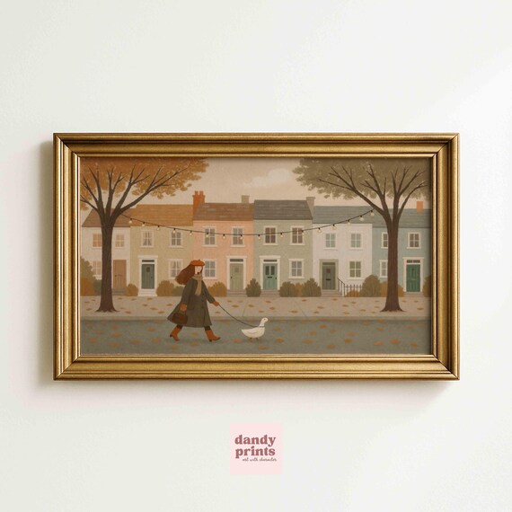 Autumn Duck Walk Whimsical Fall Street Scene Cute Art Poster