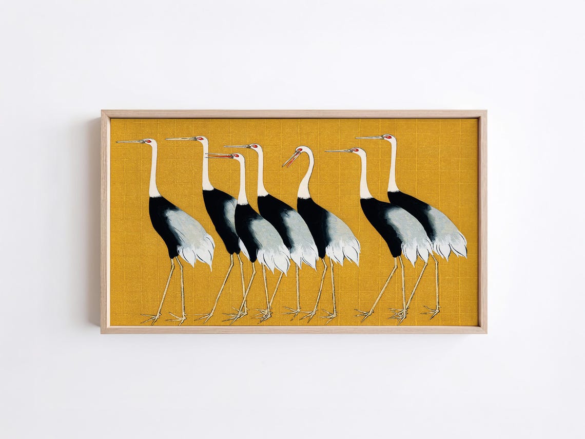 Six Red Crowned Cranes Japanese Gold Background Bird Art Print